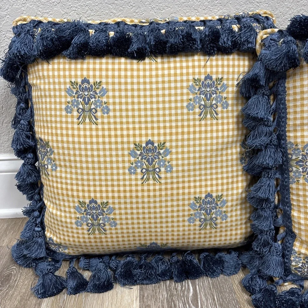Vtg Pair Floral Blue & Yellow Gingham Throw Pillows Tassel Fringe Custom 17
